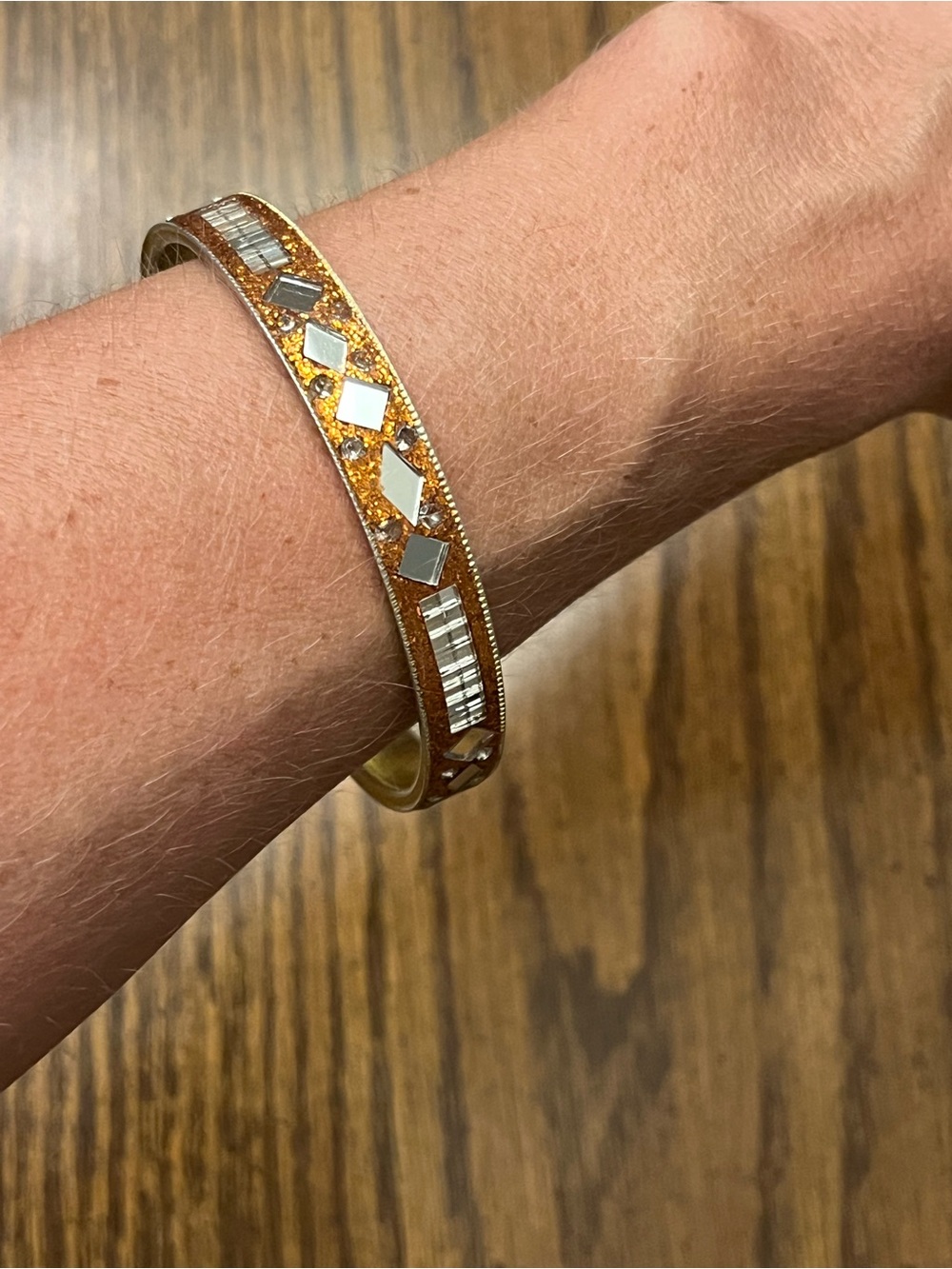 Gold-Tone Mosaic Bangle Bracelet with Silver Tile Accents